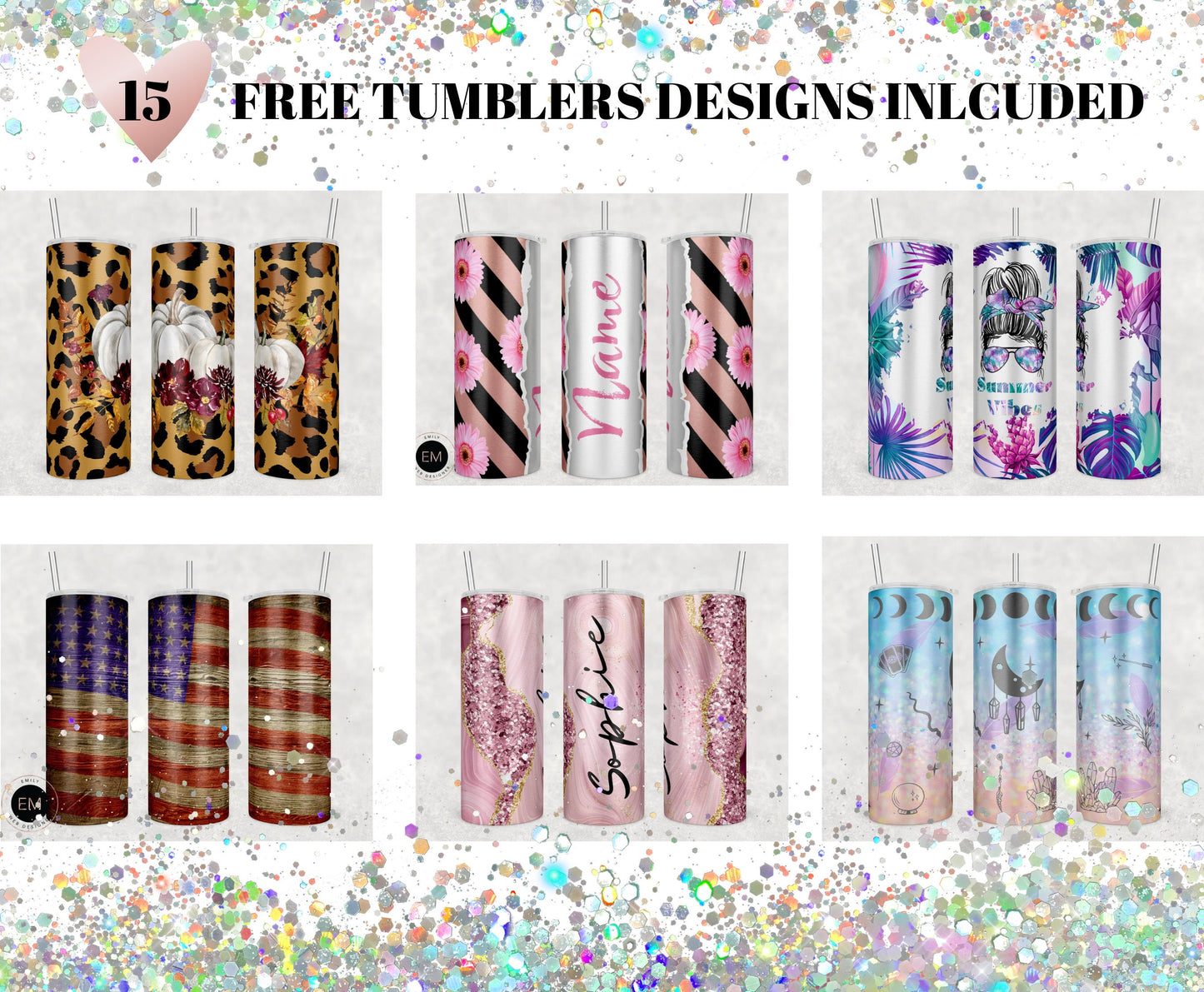 Pink Glitter Leopard Print Add Your Own Text Name Sublimation Tumbler Designs Cheetah Print - 20oz Skinny Tumbler Wraps Templates - PNG