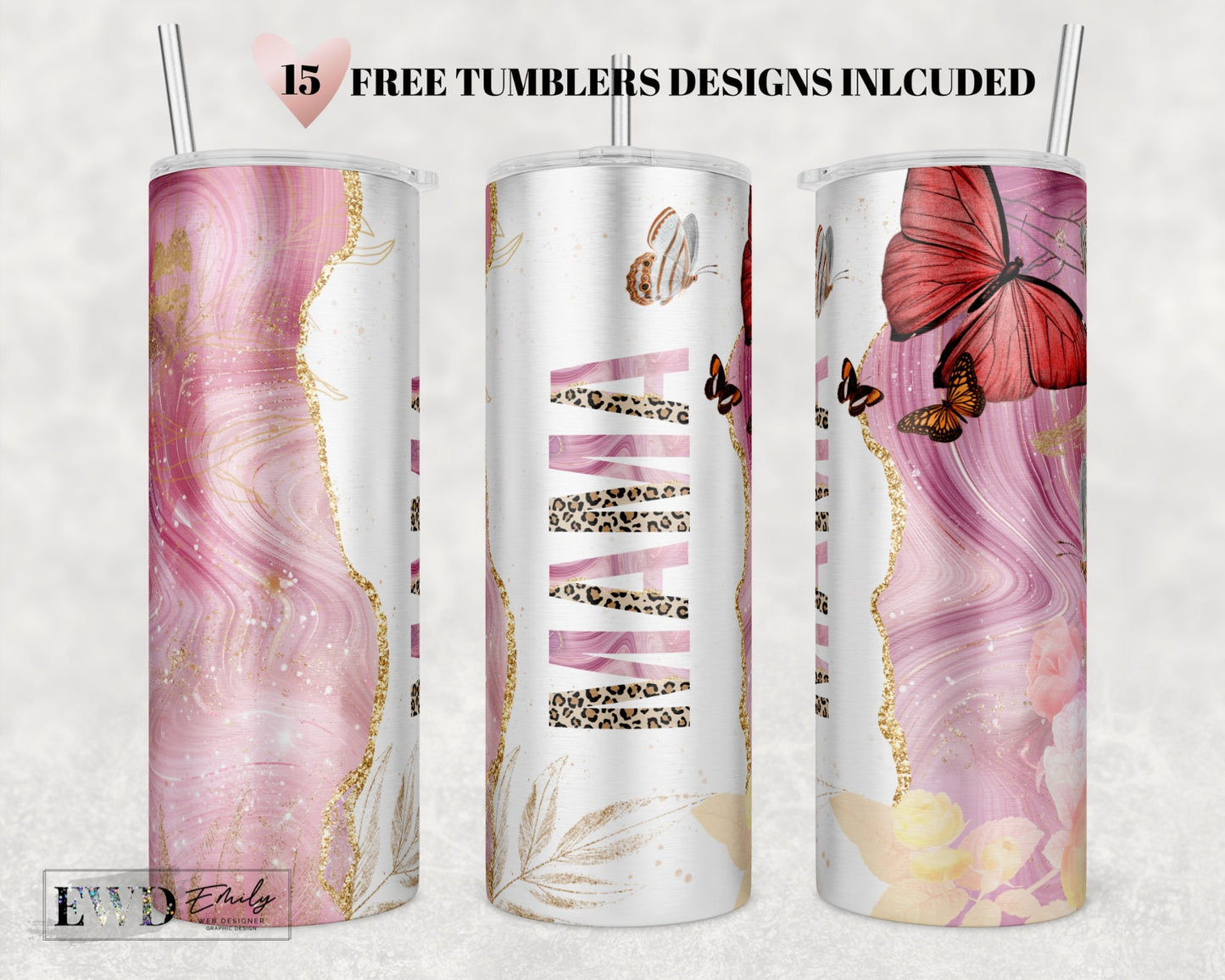 Mama Leopard Tumbler PNG, Seamless Floral Tumbler Design, 20oz Skinny Tumbler, Mom Tumbler Wrap, Glitter Tumbler Sublimate, Mum Tumbler