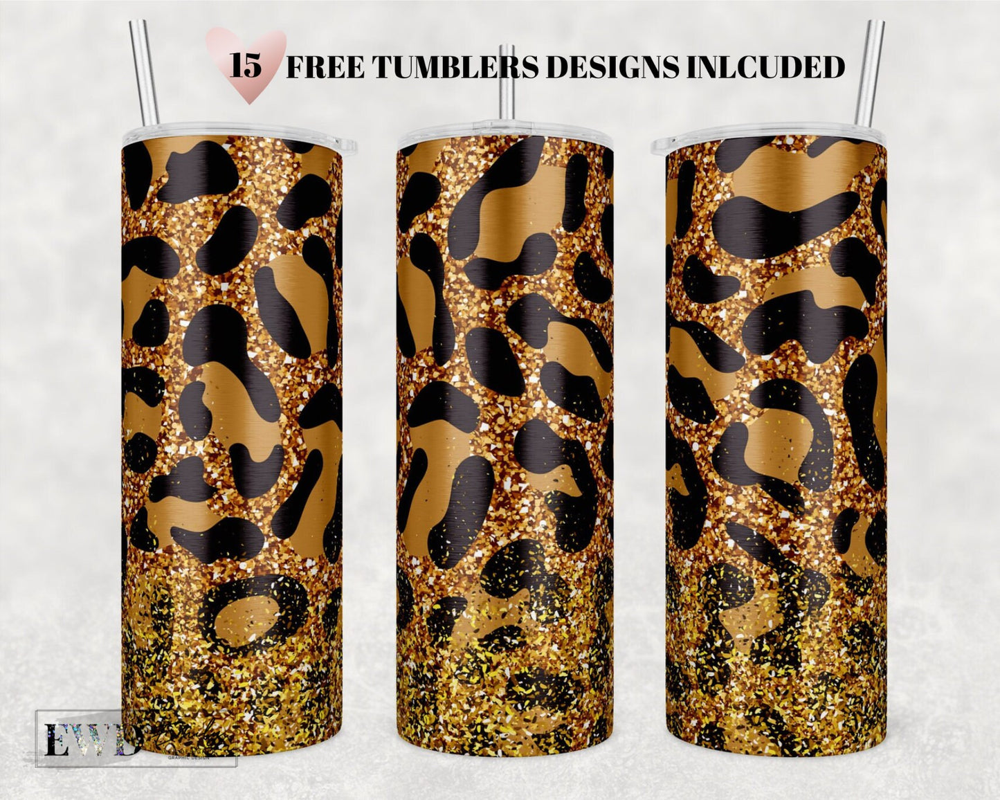 Leopard Tumbler PNG, 20oz Skinny Tumbler Sublimation Design Template, Animal Print, Leopard Tumbler Gold Glitter, Cheetah, Commercial Use