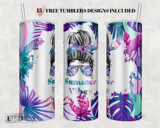 Summer Vibes Tumbler Wrap Tropical Design PNG Files Sublimation Messy bun For 20oz Skinny/Instant download Only