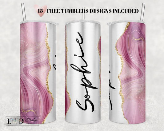 Add Your Own Text / Name Pink Agate Gold Marble Glitter Sublimation Tumbler Designs - 20oz Skinny Tumbler Templates - PNG