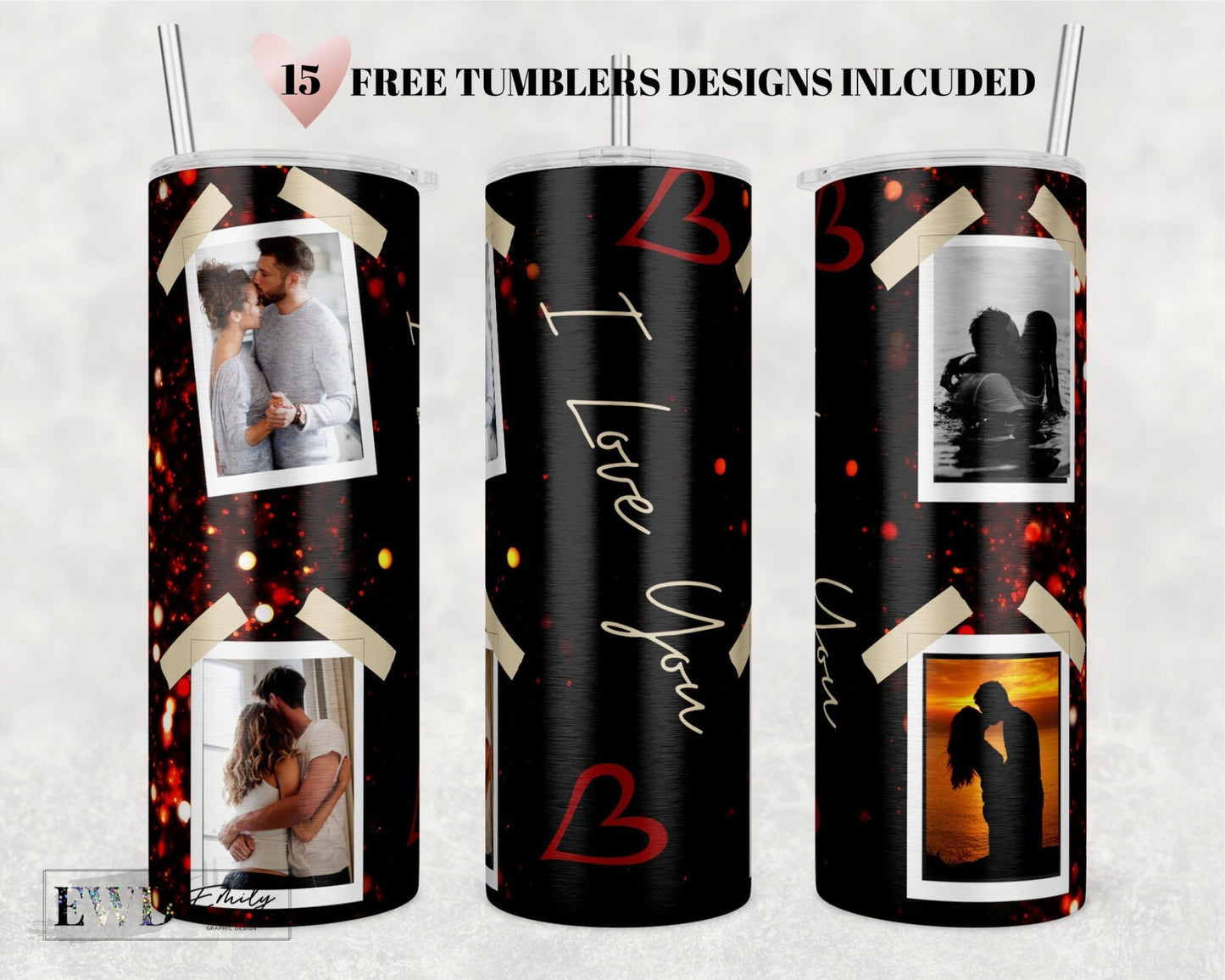 Polaroid Photo, Hearts, Love Valentines 20oz Skinny Tumbler Sublimation Designs for Straight/Tapered Tumbler PNG File Digital Download