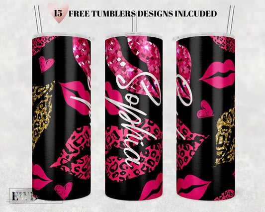 Valentine Tumbler png, Valentines Day Glitter Lips Seamless 20 oz Skinny Tumbler Sublimation Design PNG Digital Download Add your own text