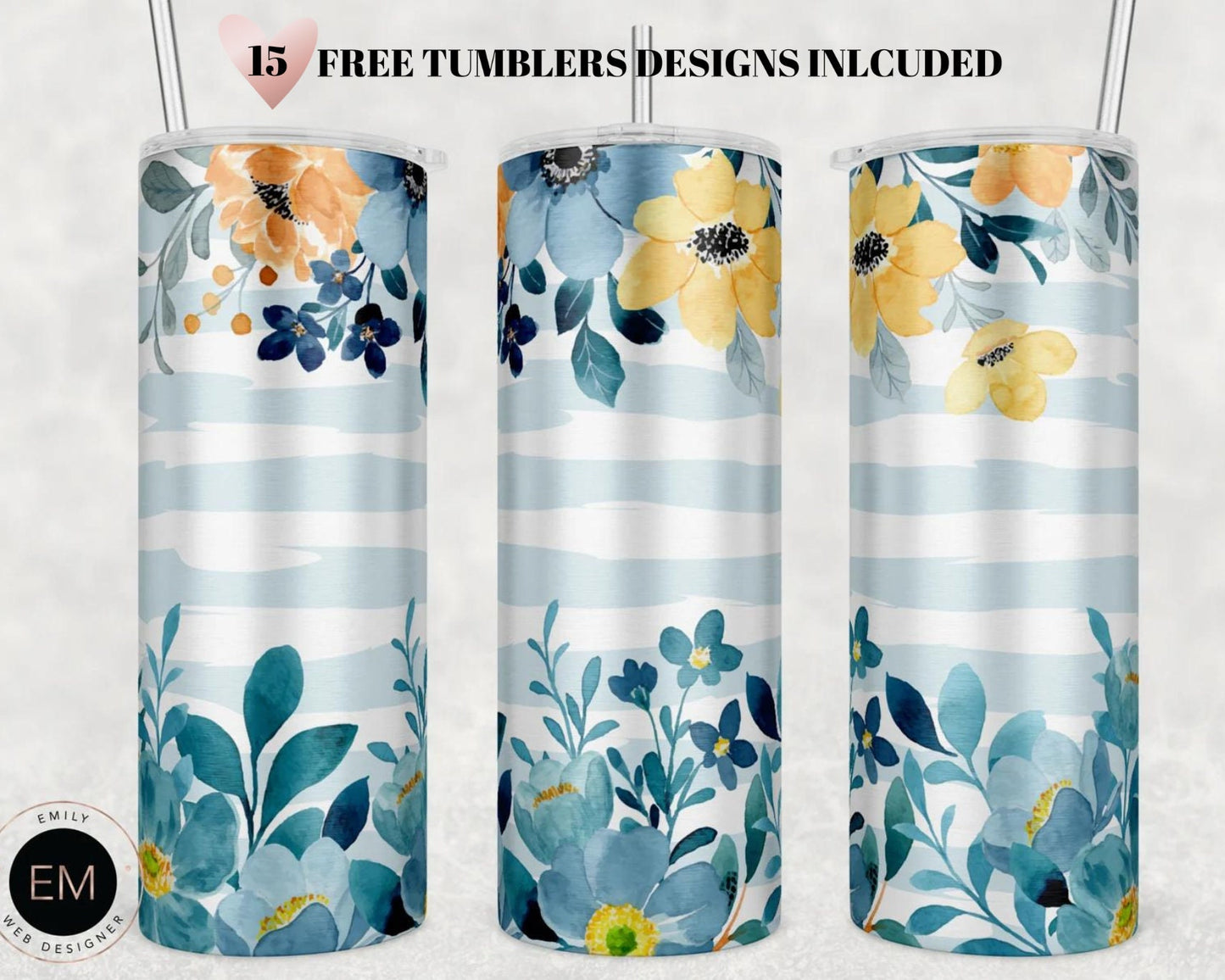 20oz Skinny Tumbler Sublimation Design Watercolor Floral Template for Tumbler Wraps Templates - PNG Digital Download
