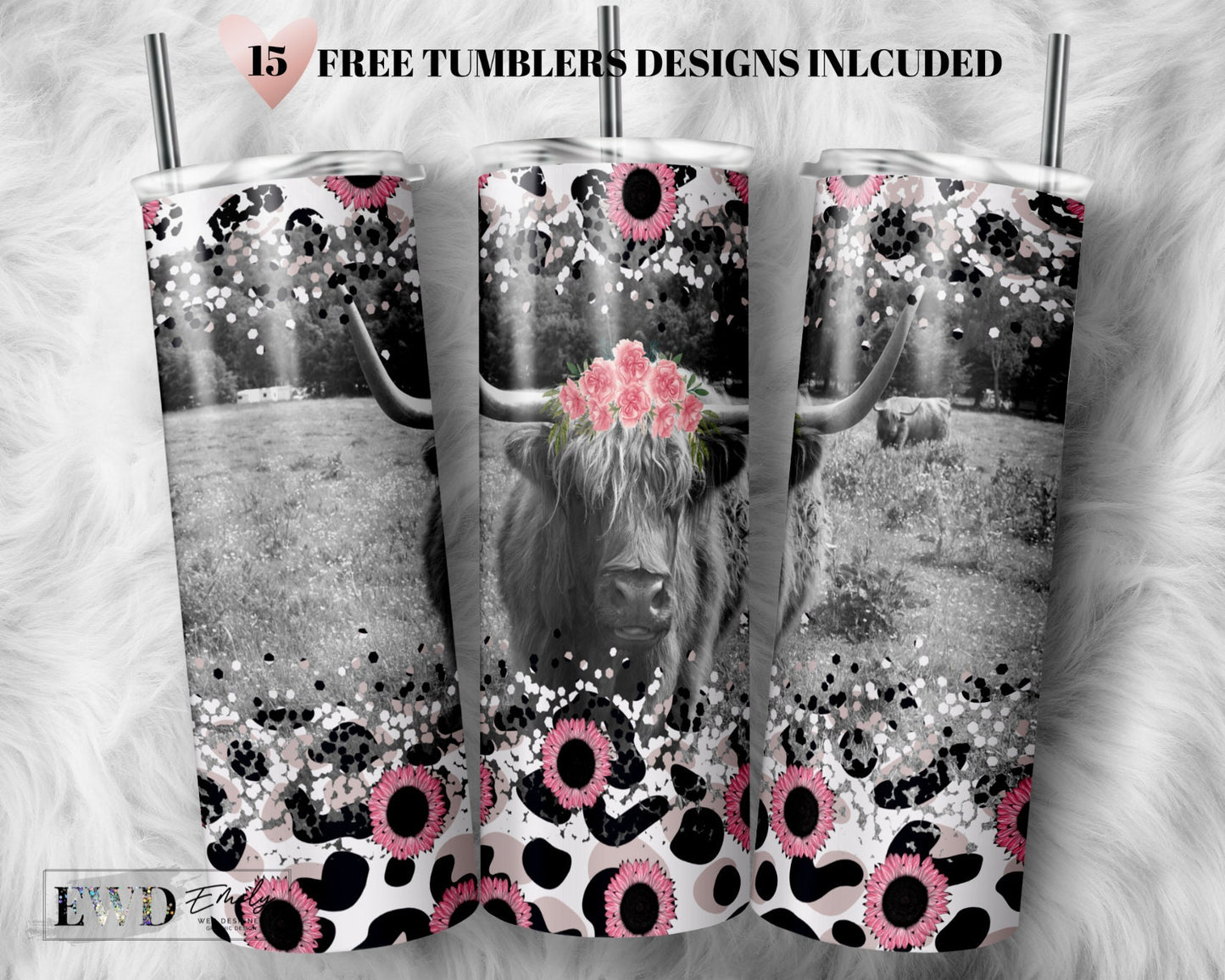 Highland Cow Tumbler Wrap PNG Design Cowgirl Bull Western Seamless Country Sublimation Designs Downloads  Pink Sunflower - Skinny 20oz - PNG