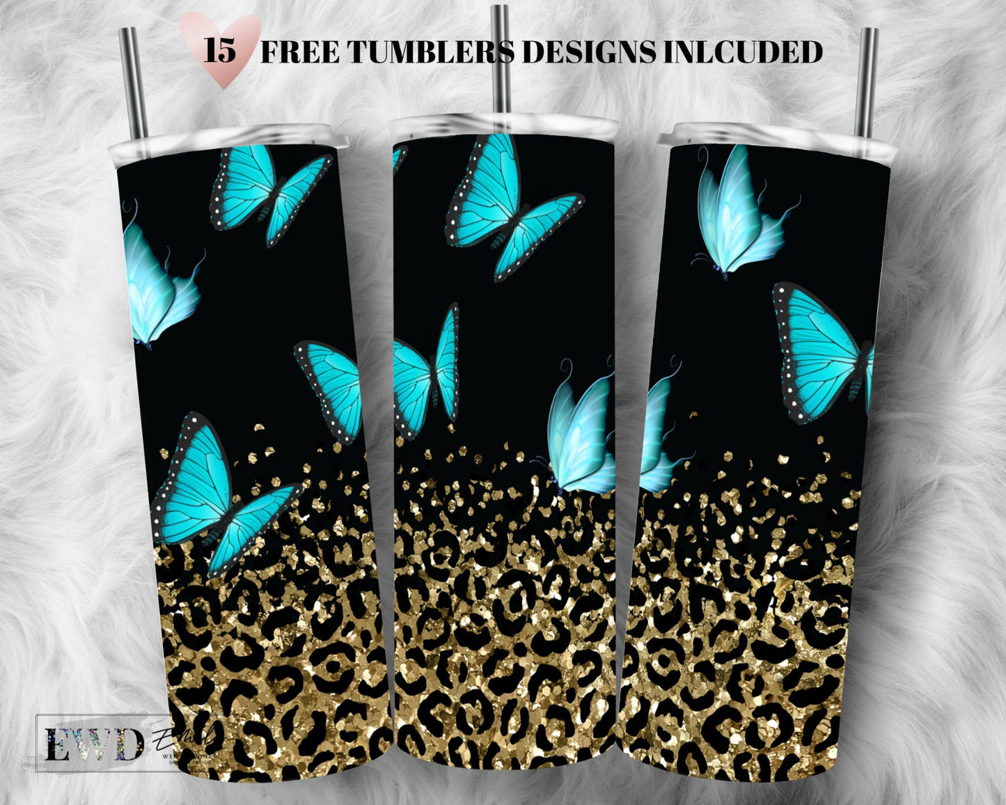 Butterfly Tumbler Designs, Gold png,Glitter Leopard 20oz Skinny Tumbler Wrap, Seamless Glitter Tumbler Template - PNG Digital Download