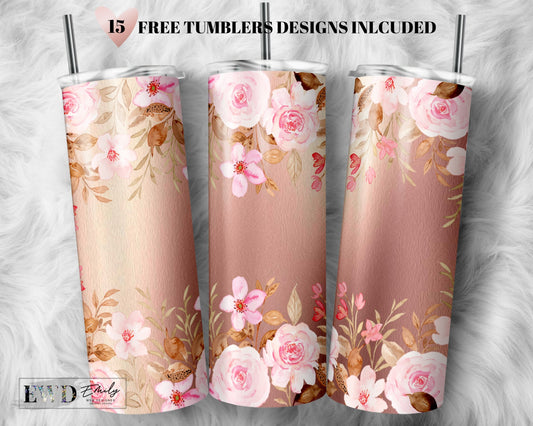 Rose Floral, Rose Gold Glitter Sumlimation for 20oz Skinny Tumbler Wrap Designs Template PNG Tumblers - Instant Download