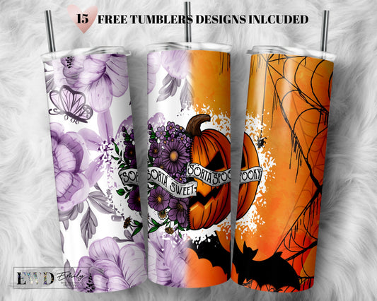 20oz Skinny Tumbler Sorta Sweet Sorta Spooky, Floral Pumpkin, Spooky Halloween PNG Sublimation Designs Tumbler Wrap Digital Files