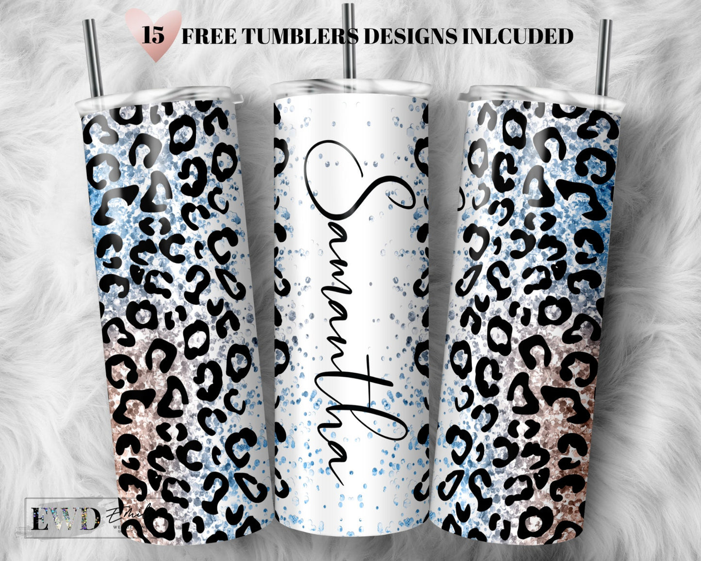 Blue & Pink Glitter Leopard Print Add Your Own Text Name Sublimation Tumbler Designs Cheetah Print - 20oz Skinny Tumbler Wraps Templates