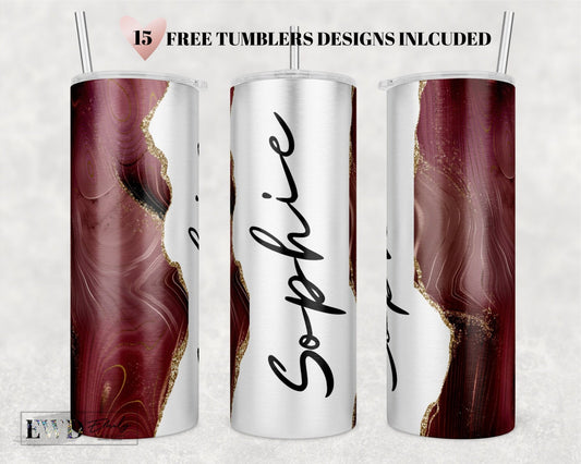 Add Your Own Text / Name burgundy Agate Gold Marble Glitter Sublimation Tumbler Designs - 20oz Skinny Tumbler Templates - PNG