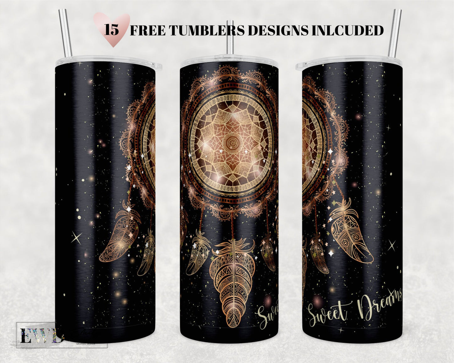 Dream Catcher Tumbler png Sublimation Designs Downloads Dreamcatcher Floral Glitter Tumbler 20oz Boho skinny tumbler wrap template