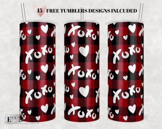 Valentine XOXO Tumbler PNG, 20oz Skinny Tumbler Sublimation Wrap, Glitter Valentine Tumbler PNG, Buffalo Plaid, Download, Commercial Use