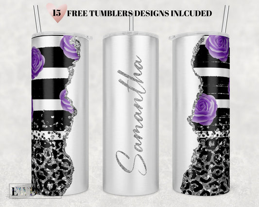 Add Your Own Text / Purple Flowers Leopard print Silver Glitter Sublimation Tumbler Designs - 20oz Skinny Tumbler Templates - PNG