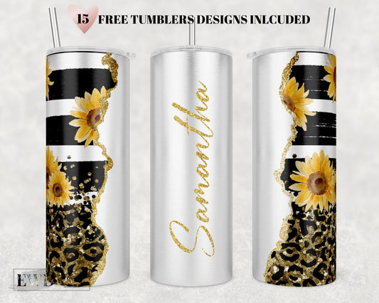 Add Your Own Text / Sunflowers Leopard print gold Glitter Sublimation Tumbler Designs - 20oz Skinny Tumbler Templates - PNG