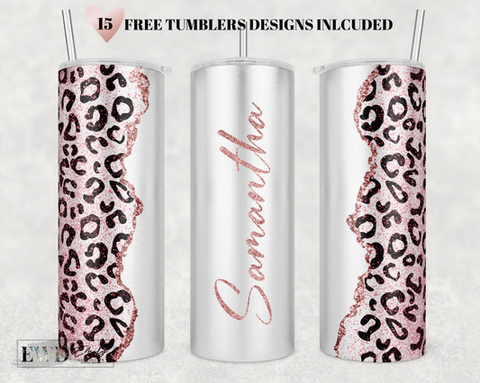 Add Your Own Text / Name Leopard Rose Gold Glitter Sublimation Tumbler Designs - 20oz Skinny Tumbler Templates - PNG