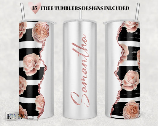 Add Your Own Text / Pink Flowers Rose Gold Glitter Sublimation Tumbler Designs - 20oz Skinny Tumbler Templates - PNG