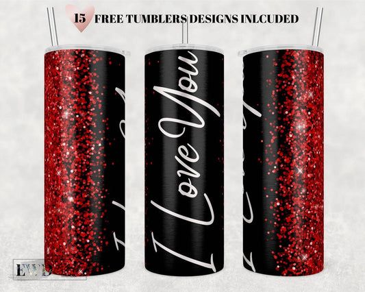 Valentine Tumbler png, Valentines Day Glitter Seamless 20 oz Skinny Tumbler Sublimation Design PNG Digital Download Add your own text