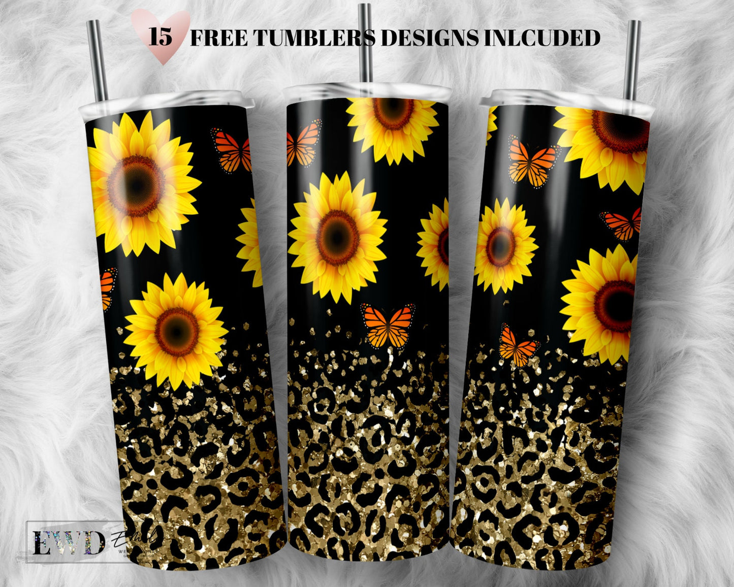 Sunflowers Tumbler Designs, Butterfly png,Glitter Leopard 20oz Skinny Tumbler Wrap, Seamless Glitter Tumbler Template - PNG Digital Download