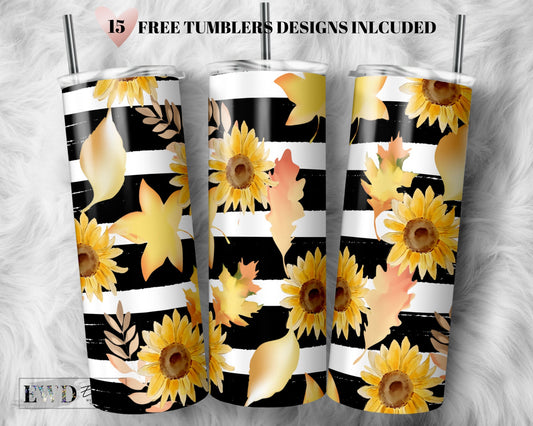 20oz Skinny Tumbler Autumn Leaves Sunflower Sublimation Design Template, Tumbler Straight PNG Digital Download, Tumbler Wrap, Autumn,
