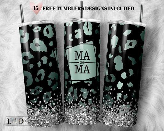 Teal Glitter Leopard Mama Sublimation Design for Skinny Tumbler 20oz Design - SEAMLESS Pattern - PNG Commercial Use