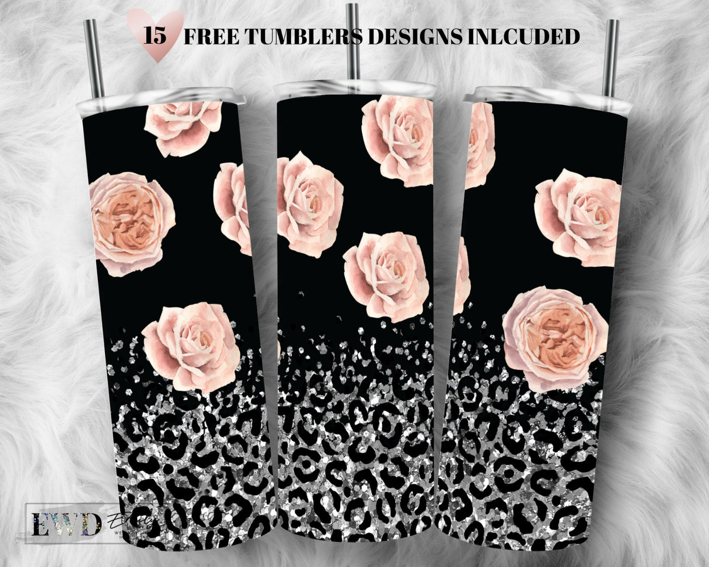 Pink Watercolor flower Tumbler Designs, Glitter Leopard 20oz Skinny Tumbler Wrap, Seamless Glitter Tumbler Template - PNG Digital Download