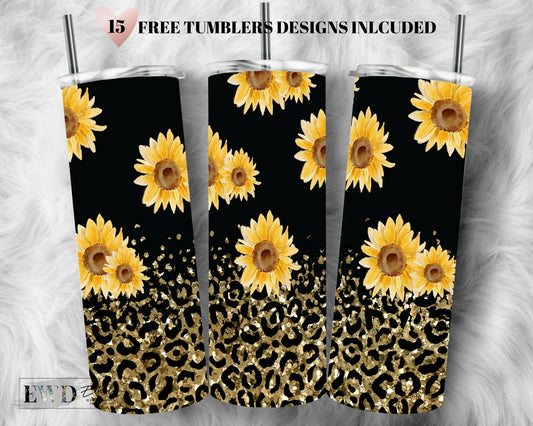 Sunflowers Tumbler Designs, Gold png,Glitter Leopard 20oz Skinny Tumbler Wrap, Seamless Glitter Tumbler Template - PNG Digital Download