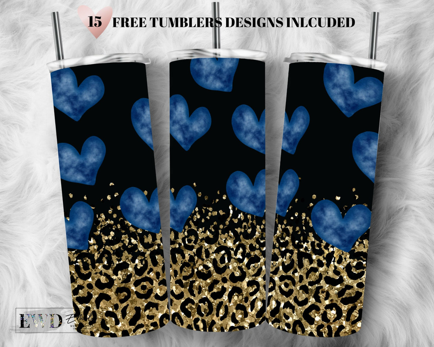 Blue Hearts Tumbler Designs, Gold png,Glitter Leopard 20oz Skinny Tumbler Wrap, Seamless Glitter Tumbler Template - PNG Digital Download