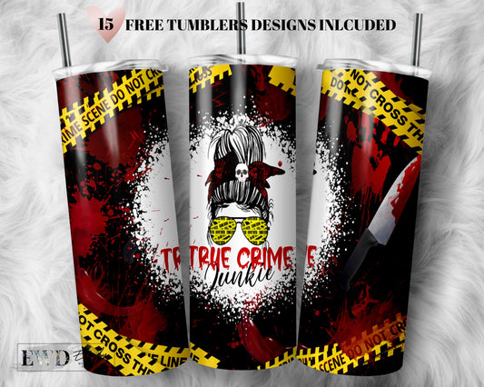 20 oz Skinny Tumbler True Crime Junkie png Messy Bun Skull Sublimation Designs True Crime Tumbler Mom Life Skull PNG Designs Downloads