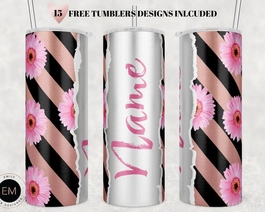 Sunflower Add Your Own Text Name Monogram Sublimation Tumbler Designs Floral - 20oz Skinny Tumbler Wraps Templates - Pink Sunflower PNG