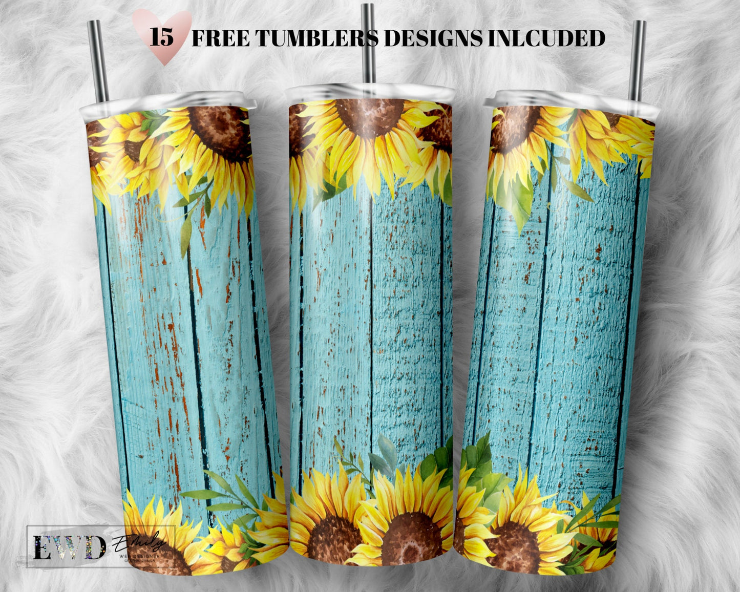 Sunflower Teal Wood Tumbler Designs for 20oz Skinny Tumbler Sublimation Wrap PNG Digital Download, Seamless Tumbler Design, Sunflower Border