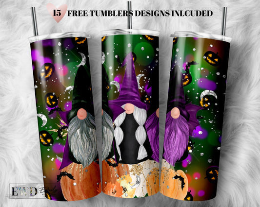 Halloween Gnome Tumbler Design Wrap, Fall Cute Sublimation Design, 20 oz Skinny Tumbler, Autumn Glitter Tumbler PNG, Digital Download File