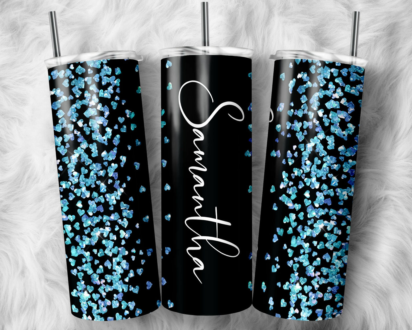 Teal Glitter Print Add Your Own Text Name Sublimation Tumbler Designs - 20oz Skinny Tumbler Wraps Templates - PNG