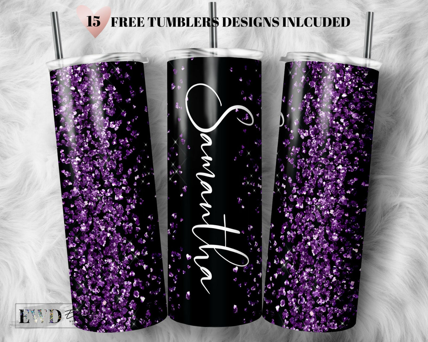 Purple Glitter Print Add Your Own Text Name Sublimation Tumbler Designs - 20oz Skinny Tumbler Wraps Templates - PNG