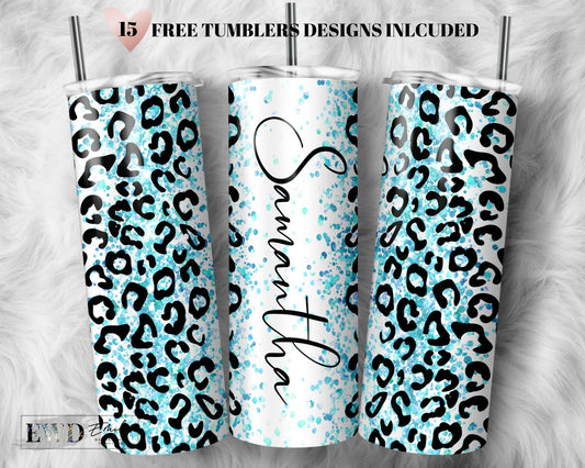 Teal Glitter Leopard Print Add Your Own Text Name Sublimation Tumbler Designs Cheetah Print - 20oz Skinny Tumbler Wraps Templates - PNG