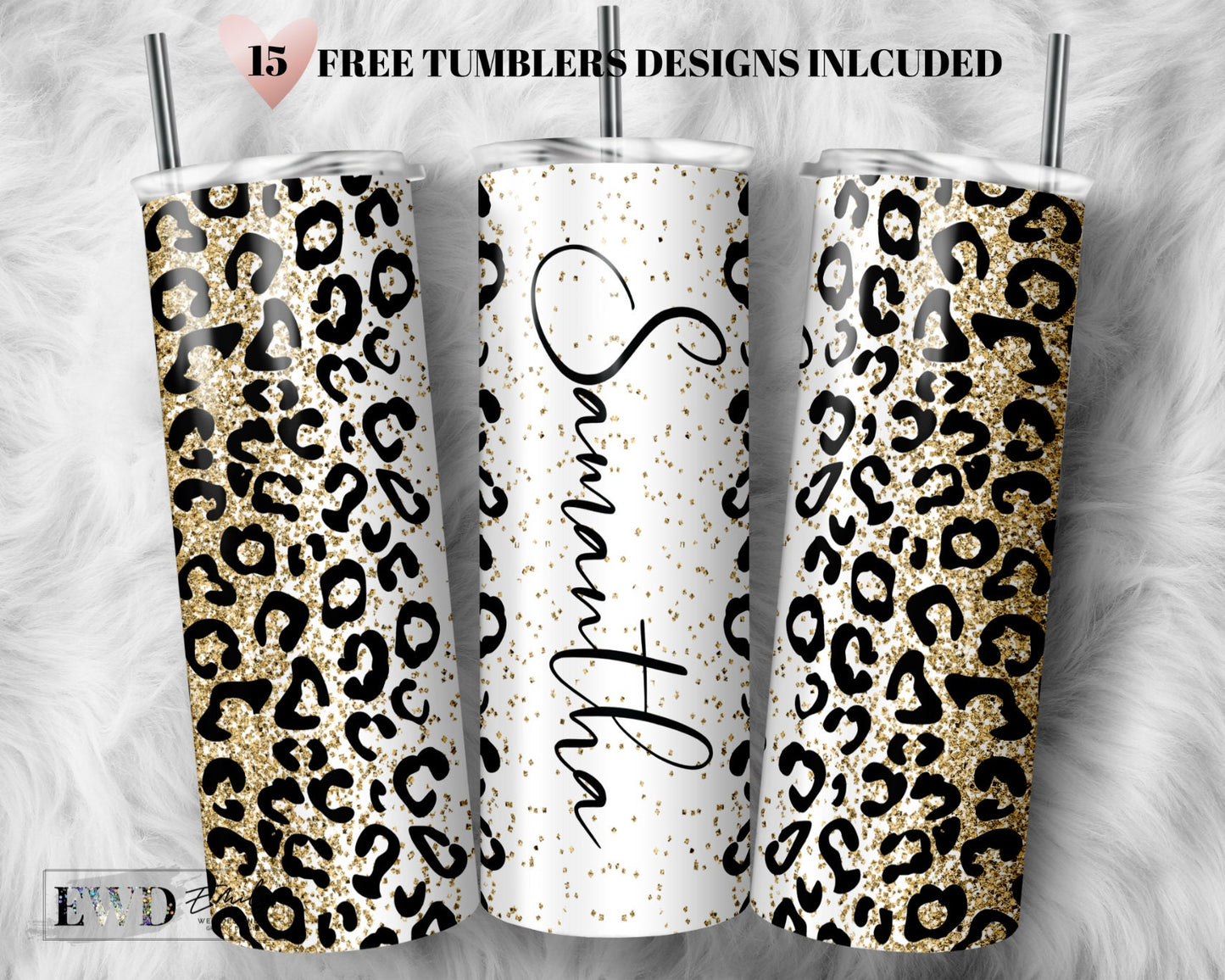 Gold Glitter Leopard Print Add Your Own Text Name Sublimation Tumbler Designs Cheetah Print - 20oz Skinny Tumbler Wraps Templates - PNG