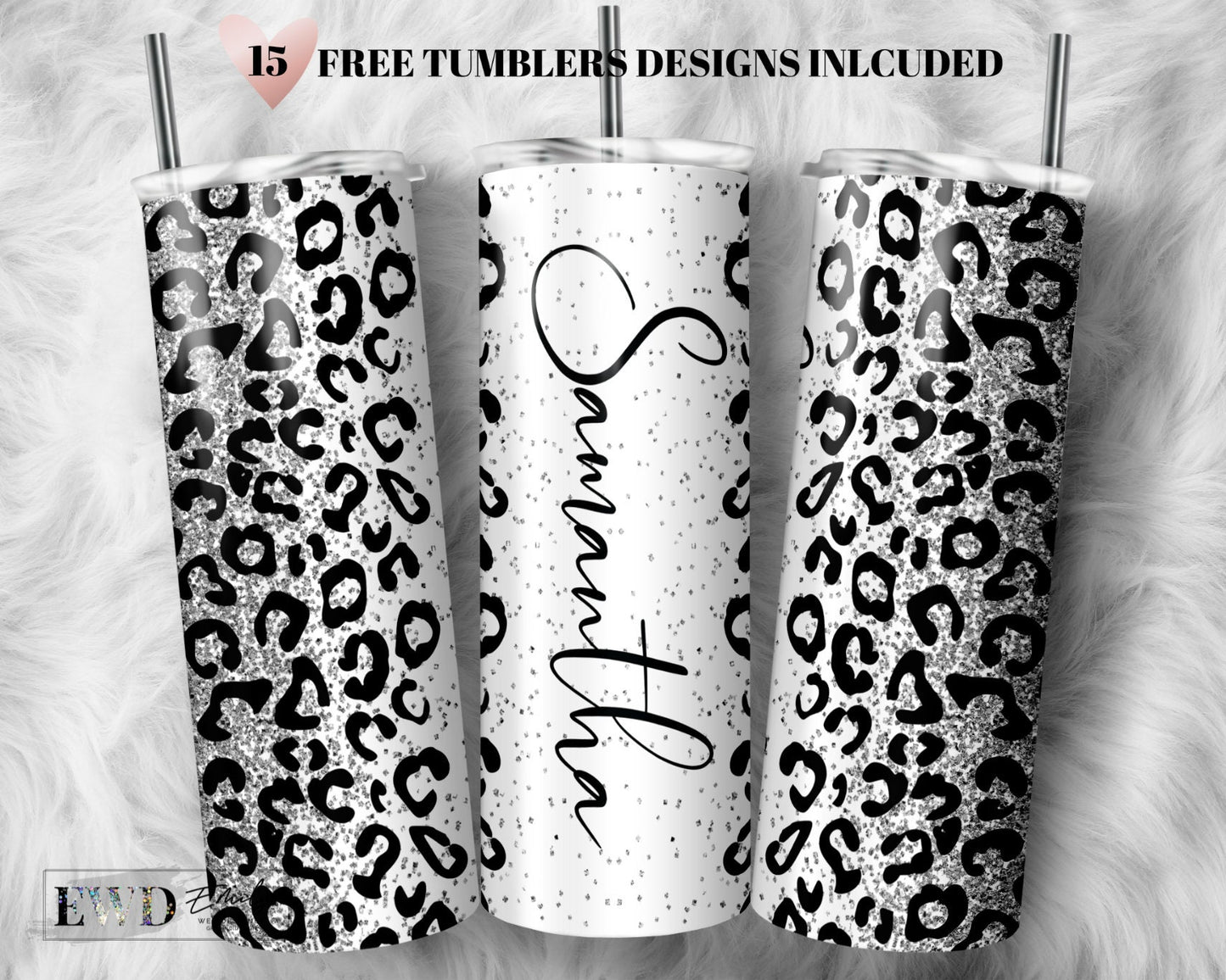 Silver Glitter Leopard Print Add Your Own Text Name Sublimation Tumbler Designs Cheetah Print - 20oz Skinny Tumbler Wraps Templates - PNG