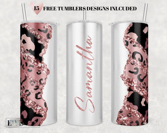 Add Your Own Text / Name Rose Gold Leopard print Glitter Sublimation Tumbler Designs - 20oz Skinny Tumbler Templates - PNG