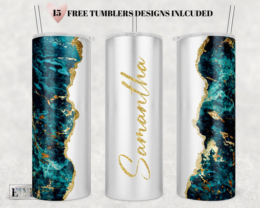 Add Your Own Text / Name Emerald Agate Gold marble Glitter Sublimation Tumbler Designs - 20oz Skinny Tumbler Templates - PNG