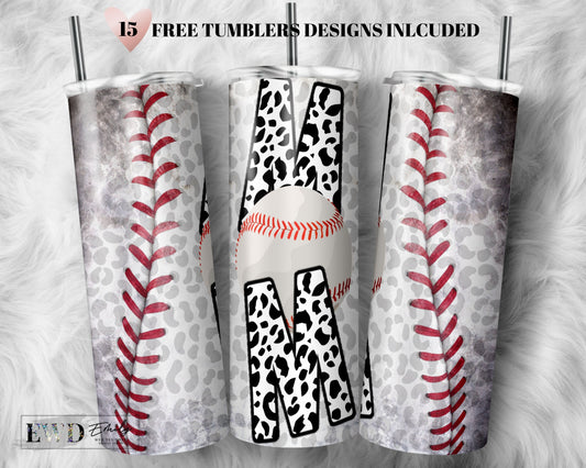20oz Skinny Tumbler Sublimation Designs Leopard Baseball Mom Tumbler for Straight/Tapered Tumbler Design - PNG