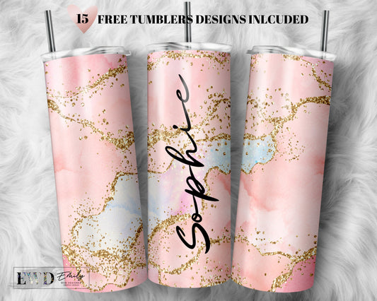 Add Your Own Text / Name Pink Agate Gold Marble Glitter Sublimation Tumbler Designs - 20oz Skinny Tumbler Templates - PNG