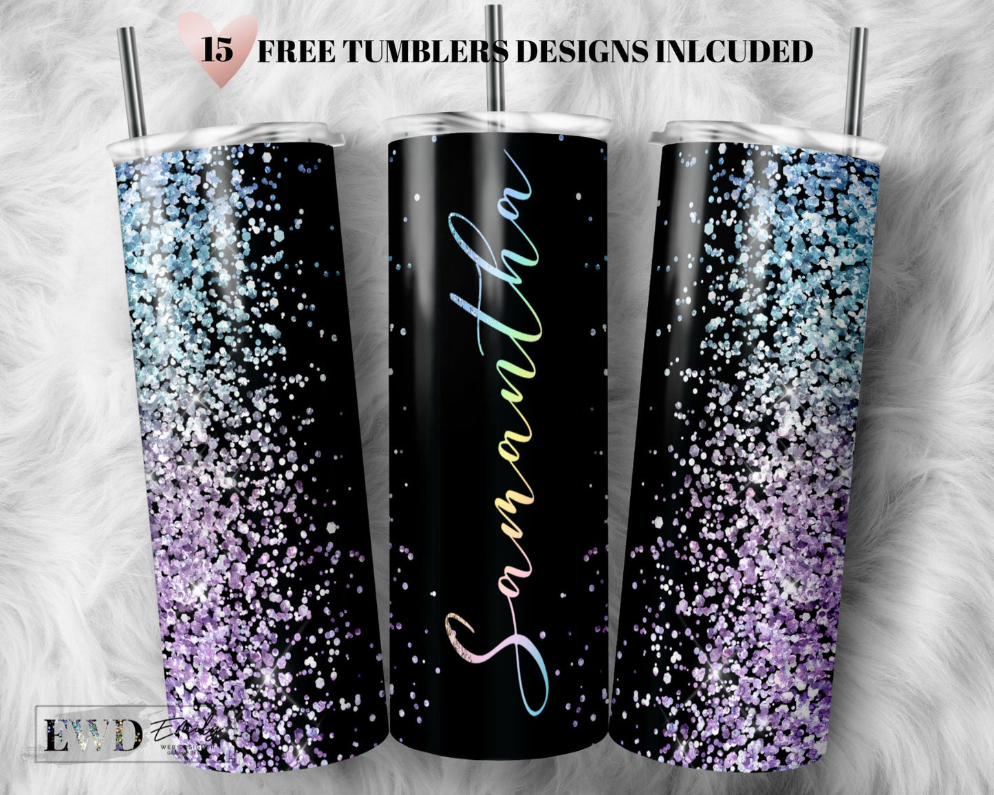 Rainbow Glitter Print Add Your Own Text Name Sublimation Tumbler Designs - 20oz Skinny Tumbler Wraps Templates - PNG