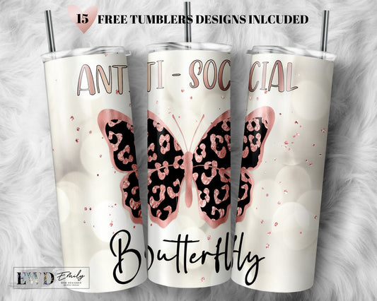 20oz Skinny Tumbler Anti Social Butterfly Sublimation Design Templates, Tumbler Straight PNG Rose Gold Butterfly, Introvert Design