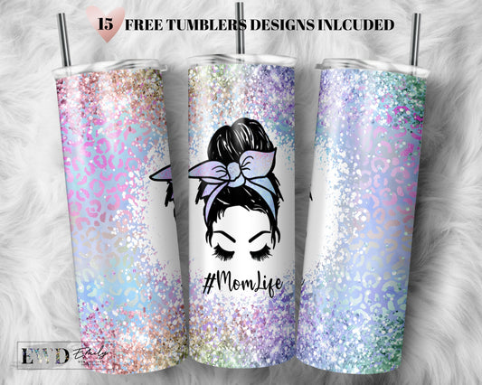 20 OZ Iridescent Leopard Mom Life Skinny Tumbler Design - Straight & Tapered Sublimation Wrap Design - Tumbler PNG - Template