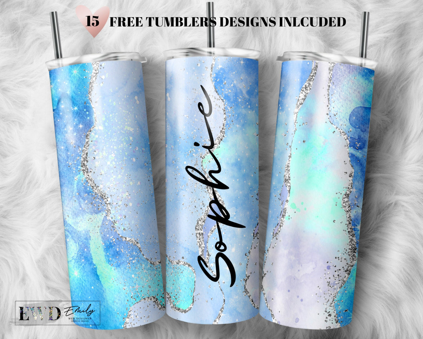 Add Your Own Text / Name Blue Agate Silver Marble Glitter Sublimation Tumbler Designs - 20oz Skinny Tumbler Templates - PNG