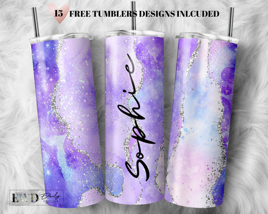 Add Your Own Text / Name Purple Agate Gold Marble Glitter Sublimation Tumbler Designs - 20oz Skinny Tumbler Templates - PNG