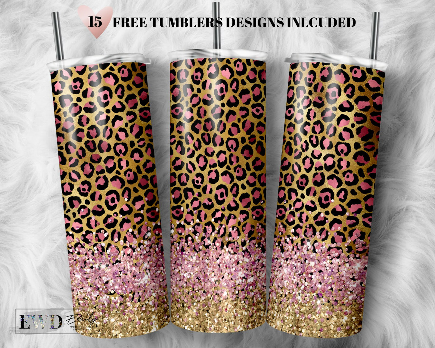 20 OZ Glitter Leopard Pink Sublimation Skinny Tumbler Design - Gold Sublimation Wrap Design - Tumbler PNG - Template