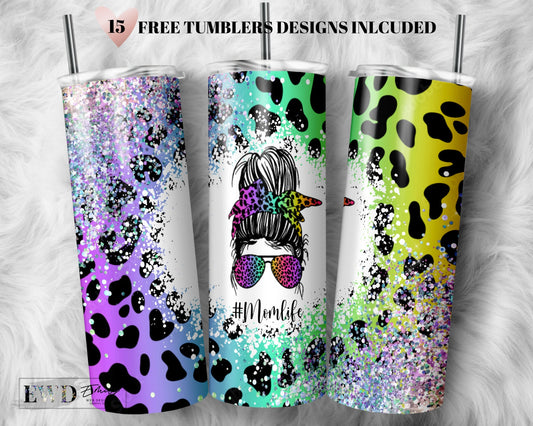 20 OZ Rainbow Leopard Mom Life Skinny Tumbler Design - Straight & Tapered Sublimation Wrap Design - Tumbler PNG - Template