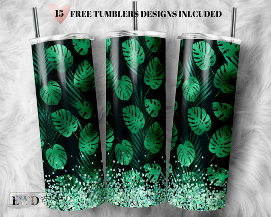 20oz Seamless Tropical leaves Skinny Tumbler Sublimation, Monstera Print, Tumbler design, Tumbler template, Glitter tumbler,Tumbler wrap