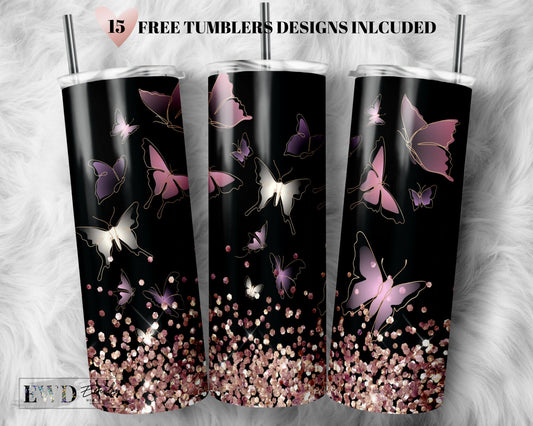 20 Oz skinny tumbler rose gold butterflies wrap template digital download sublimation graphics instant download sublimation