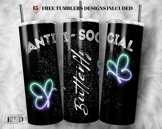 20oz Skinny Tumbler Anti Social Butterfly Sublimation Design Templates, Tumbler Straight PNG Neon Butterfly, Introvert Design